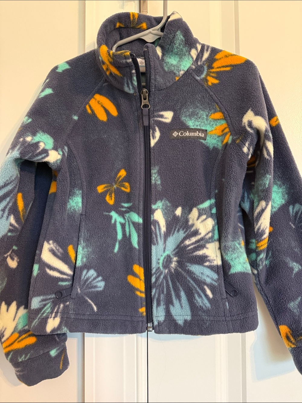 Columbia Navy Floral Fleece Jacket with Teal and Orange Accents